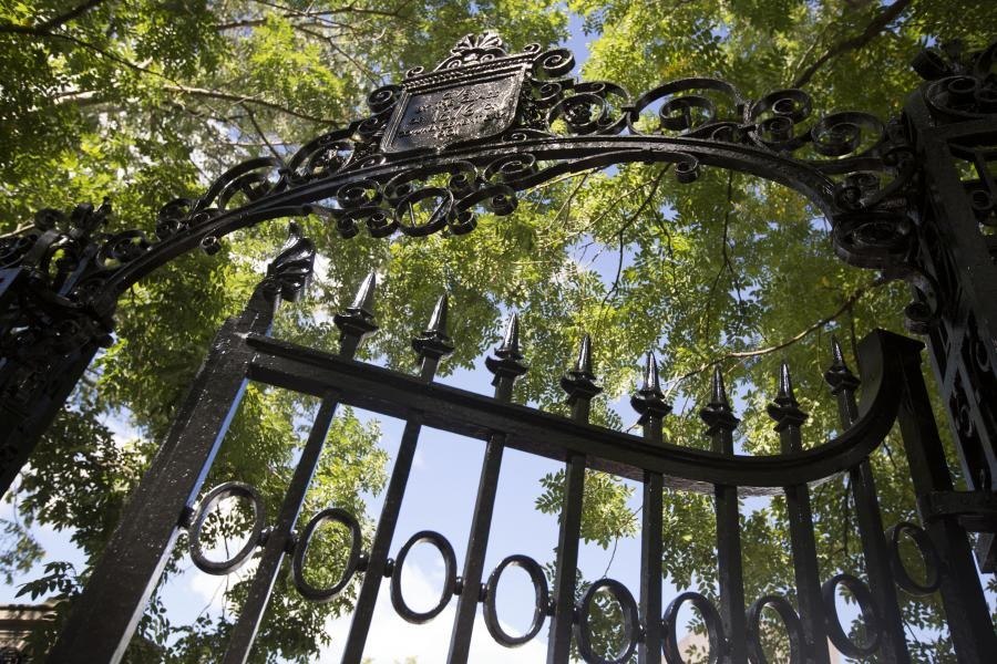 A wrought-iron Harvard gate