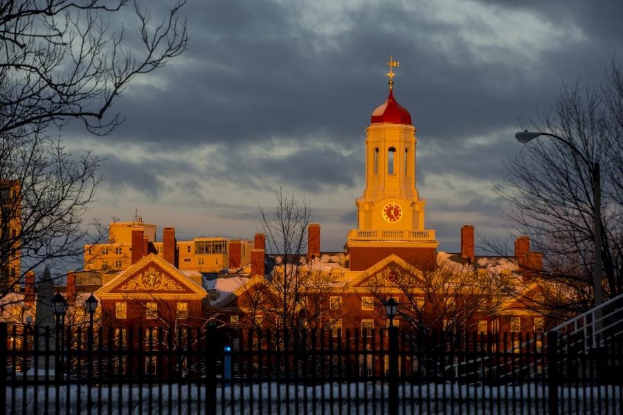 A Harvard residential hall at dusk