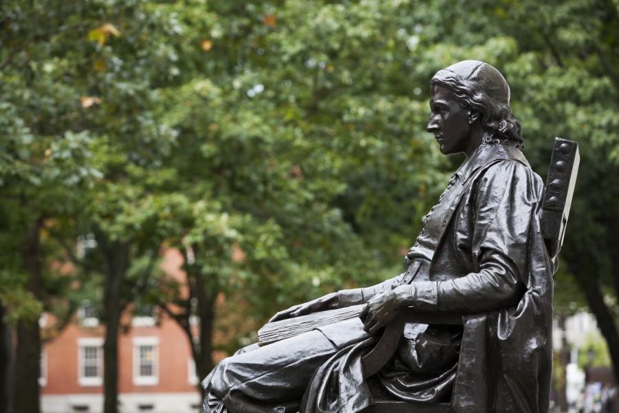 The John Harvard statue in Harvard Yard