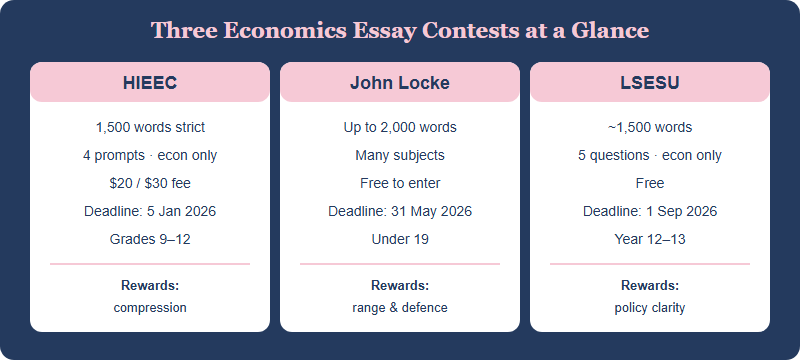Comparison of HIEEC, John Locke and LSESU across word limit, fee, scope and what each rewards