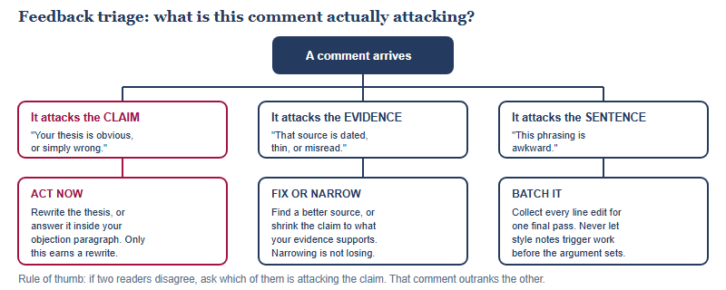 Decision tree for triaging essay feedback into three types: comments attacking the claim, comments attacking the evidence, and comments about wording, each with the action to take