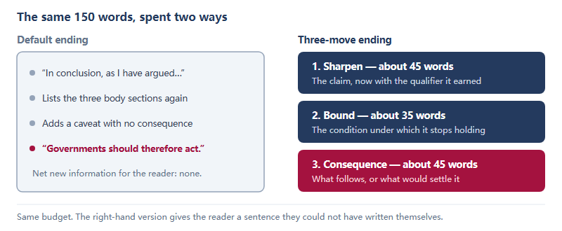 Two columns comparing endings. On the left, the default ending: restate the thesis, list the three arguments, add a caveat, and recommend that governments act. On the right, a three-move ending: sharpen the claim at higher resolution in about 45 words, name the condition under which it fails in about 35 words, and state what follows if it is right in about 45 words.
